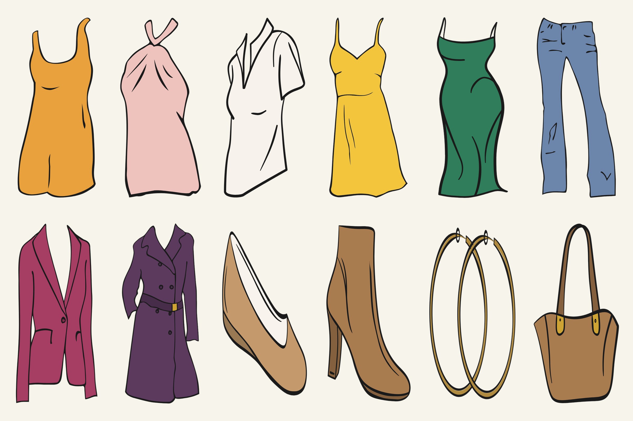 Twelve hand-drawn garments in color: a camisole, halter top, blouse, sundress, slip dress, bootcut jeans, blazer, trench, ballet flat, block-heel bootie, hoops, and a tote.