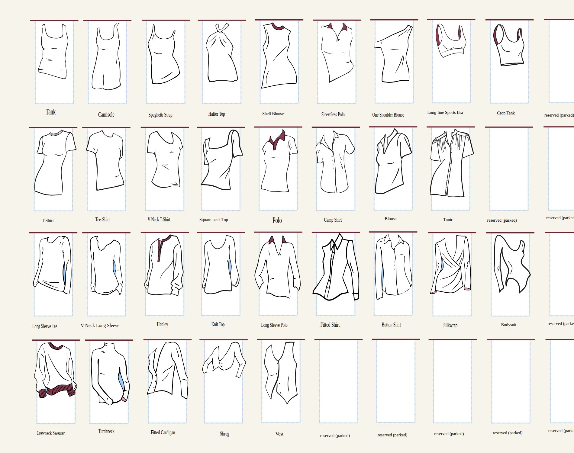 The tops master sheet: hand-drawn tops in ink, each labeled by hand.